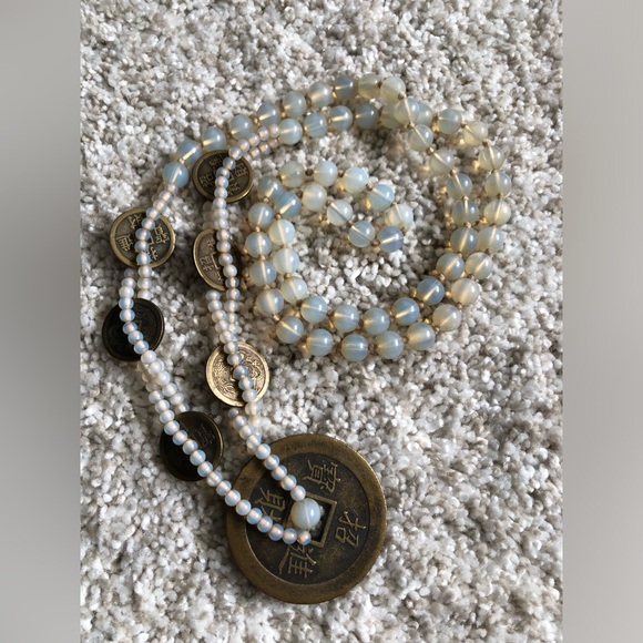 VTG Japanese Coin Necklace Dragon & Phoenix Translucent Moonglow Glass Beads 32” - Picture 2 of 12